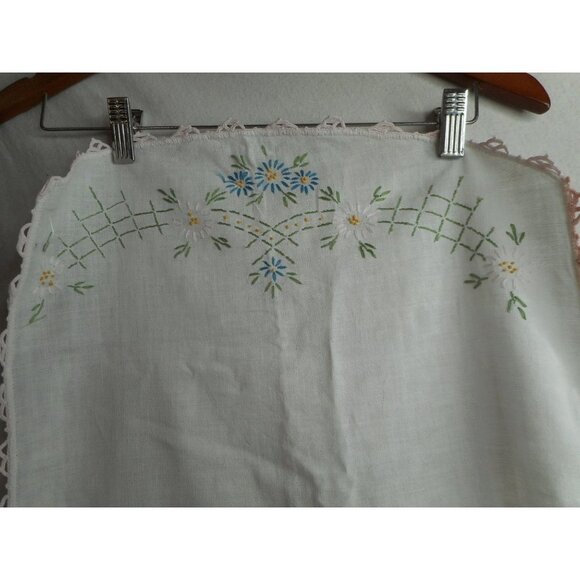 Vtg Pink Lace Blue and Pink Floral handmade embroidered Dresser scarf runner - Picture 2 of 5